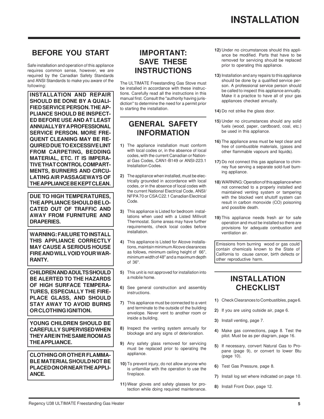 Regency Wraps U38-LP, U38-NG Installation, Before YOU Start, Save These Instructions, General Safety Information 