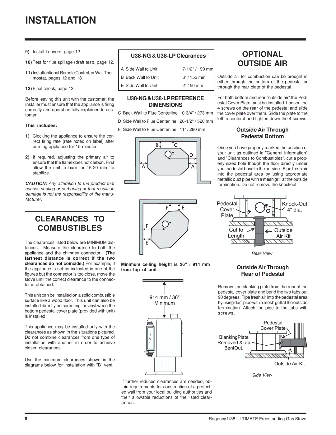 Regency Wraps installation manual Optional Outside AIR, Clearances to Combustibles, U38-NG&U38-LPREFERENCE, Dimensions 