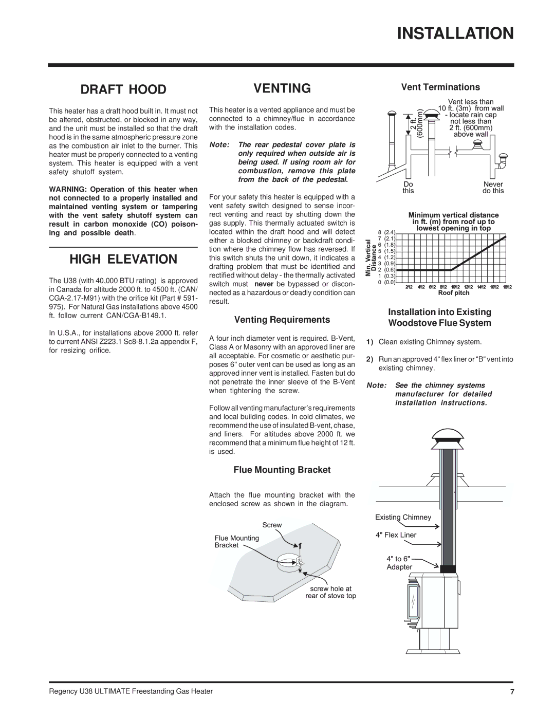 Regency Wraps U38-LP, U38-NG installation manual Draft Hood Venting, High Elevation 