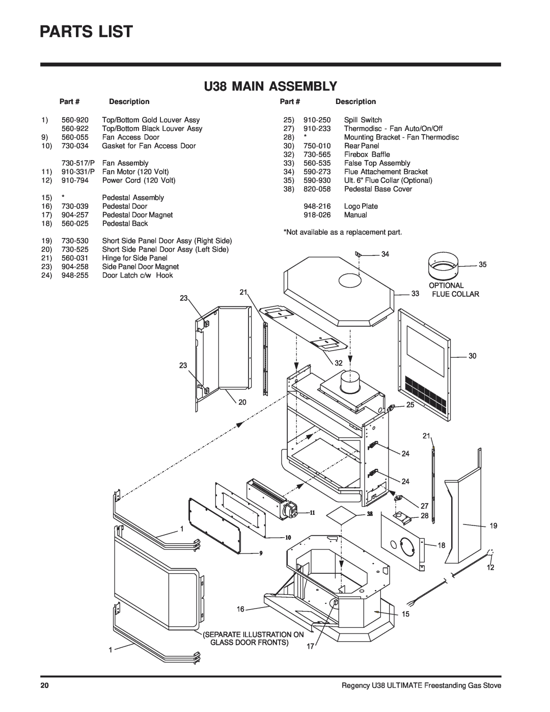 Regency Wraps U38-NG, U38-LP installation manual Parts List, U38 MAIN ASSEMBLY 
