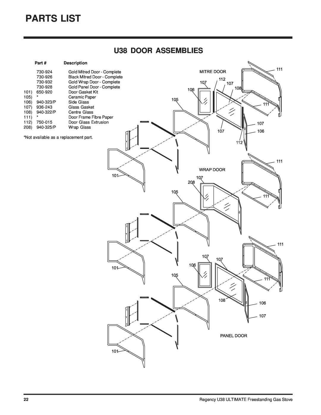 Regency Wraps U38-NG, U38-LP Parts List, U38 DOOR ASSEMBLIES, Description, Regency U38 ULTIMATE Freestanding Gas Stove 
