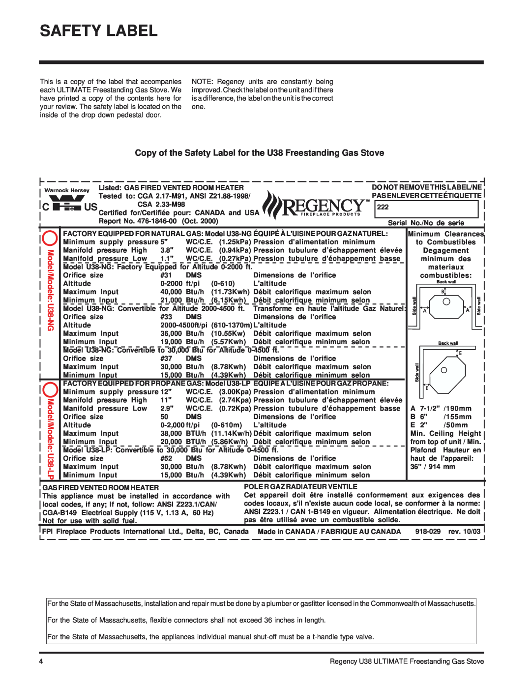 Regency Wraps installation manual Safety Label, Model/Modele U38-NG Model/Modele U38-LP 