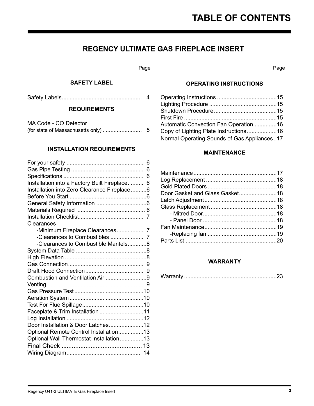 Regency Wraps U41-LP3, U41-NG3 installation manual Table of Contents 