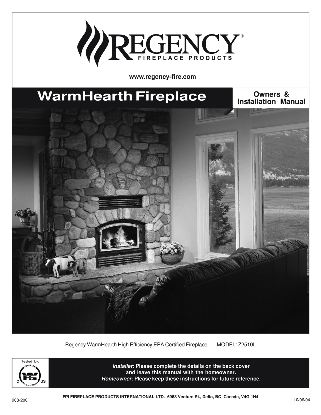 Regency Wraps Z2510L installation manual WarmHearth Fireplace 