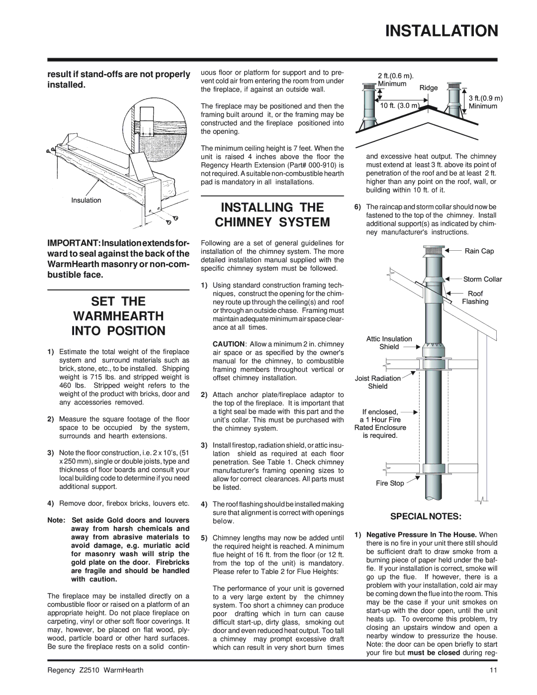 Regency Wraps Z2510L installation manual SET Warmhearth Into Position, Installing Chimney System 
