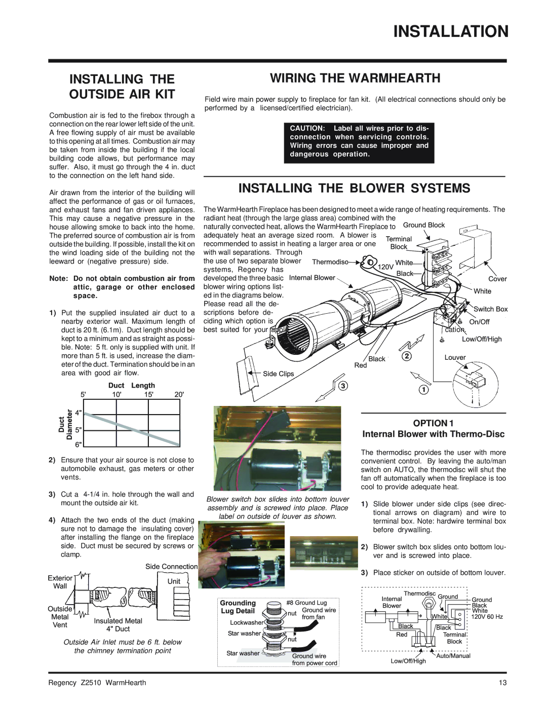 Regency Wraps Z2510L installation manual Installing Outside AIR KIT, Wiring the Warmhearth, Installing the Blower Systems 