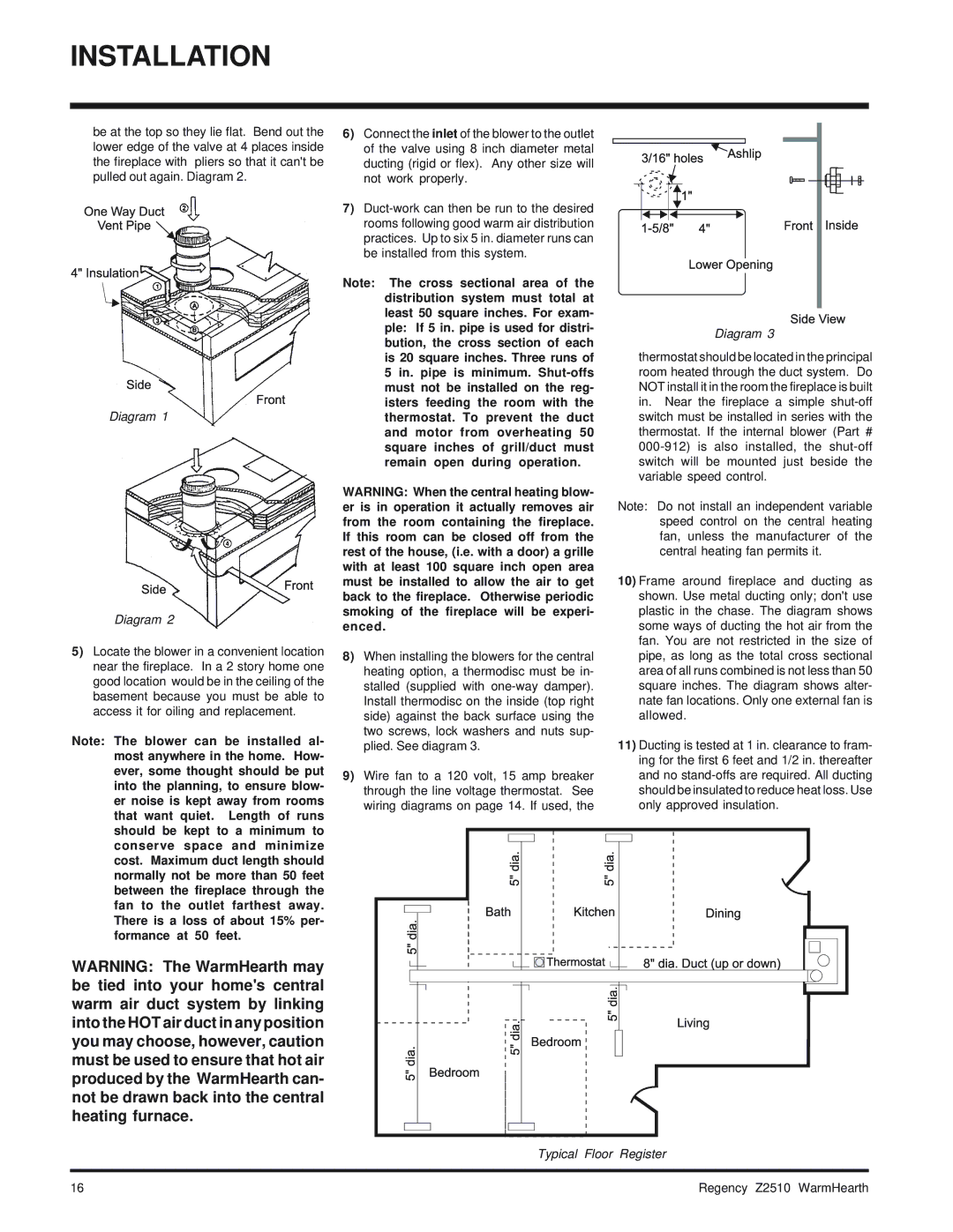 Regency Wraps Z2510L installation manual Typical Floor Register 