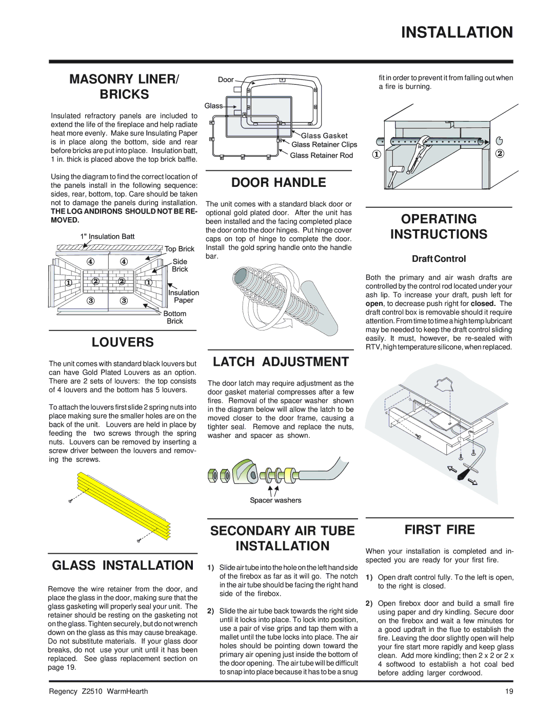 Regency Wraps Z2510L Masonry Liner Bricks, Louvers Door Handle, Operating Instructions, Latch Adjustment, First Fire 