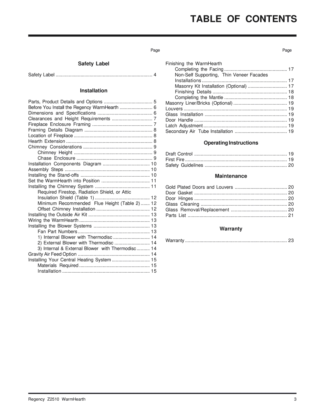 Regency Wraps Z2510L installation manual Table of Contents 