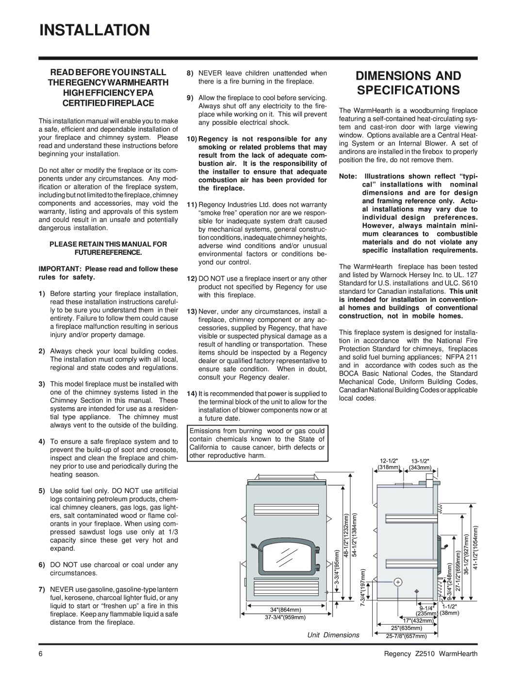 Regency Wraps Z2510L Dimensions and Specifications, Important Please read and follow these rules for safety 