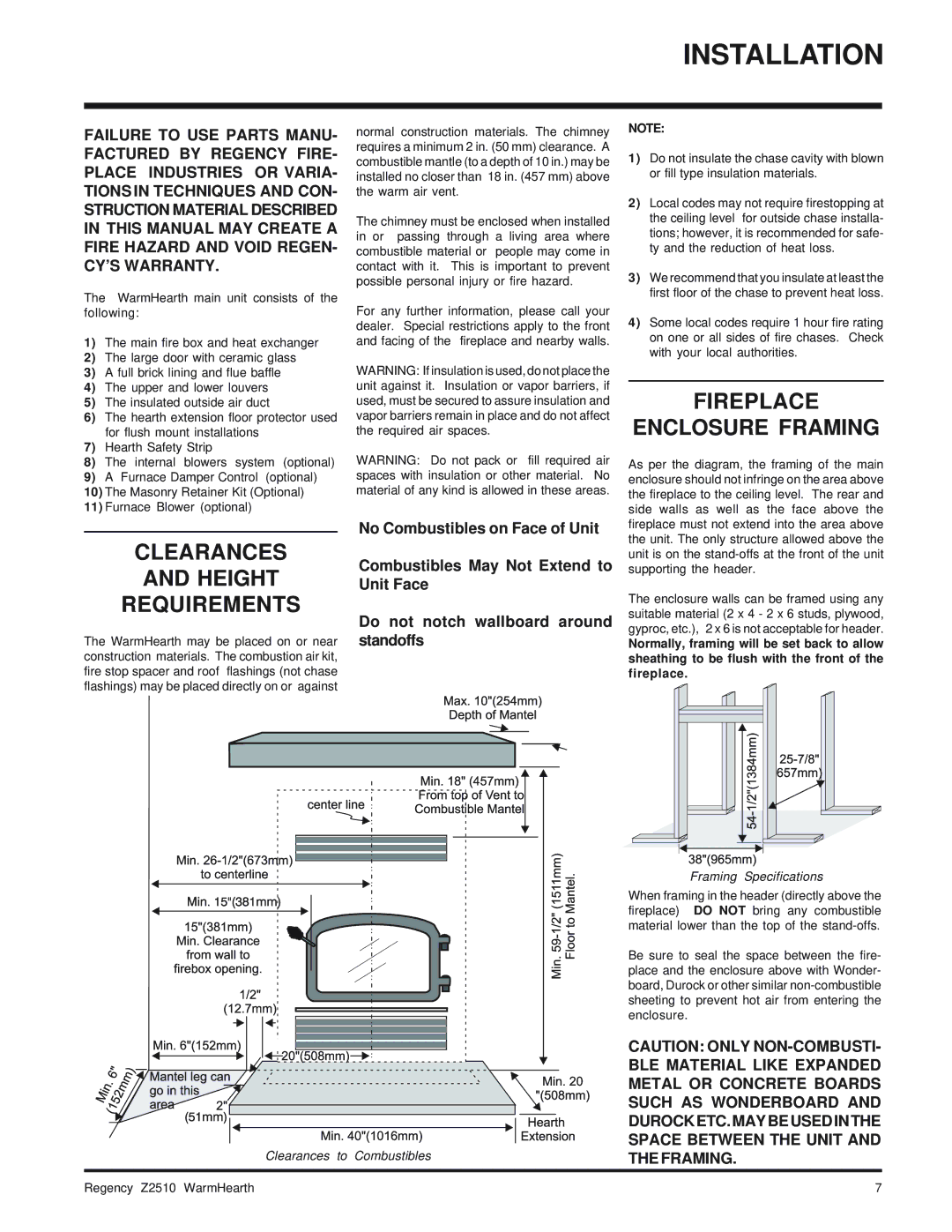 Regency Wraps Z2510L installation manual Clearances Height Requirements, Fireplace Enclosure Framing 