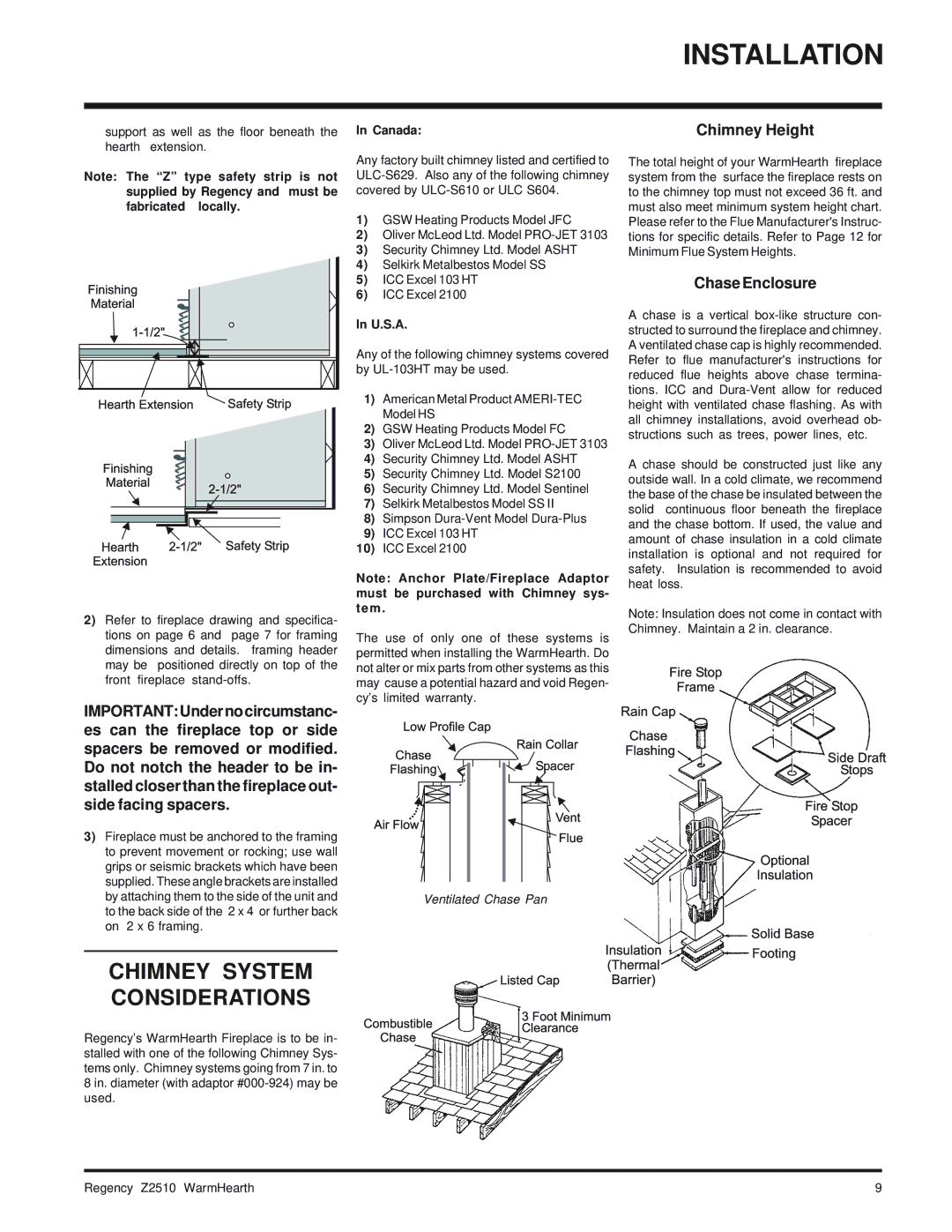 Regency Wraps Z2510L installation manual Chimney System Considerations, Chimney Height, Chase Enclosure, Canada, U.S.A 