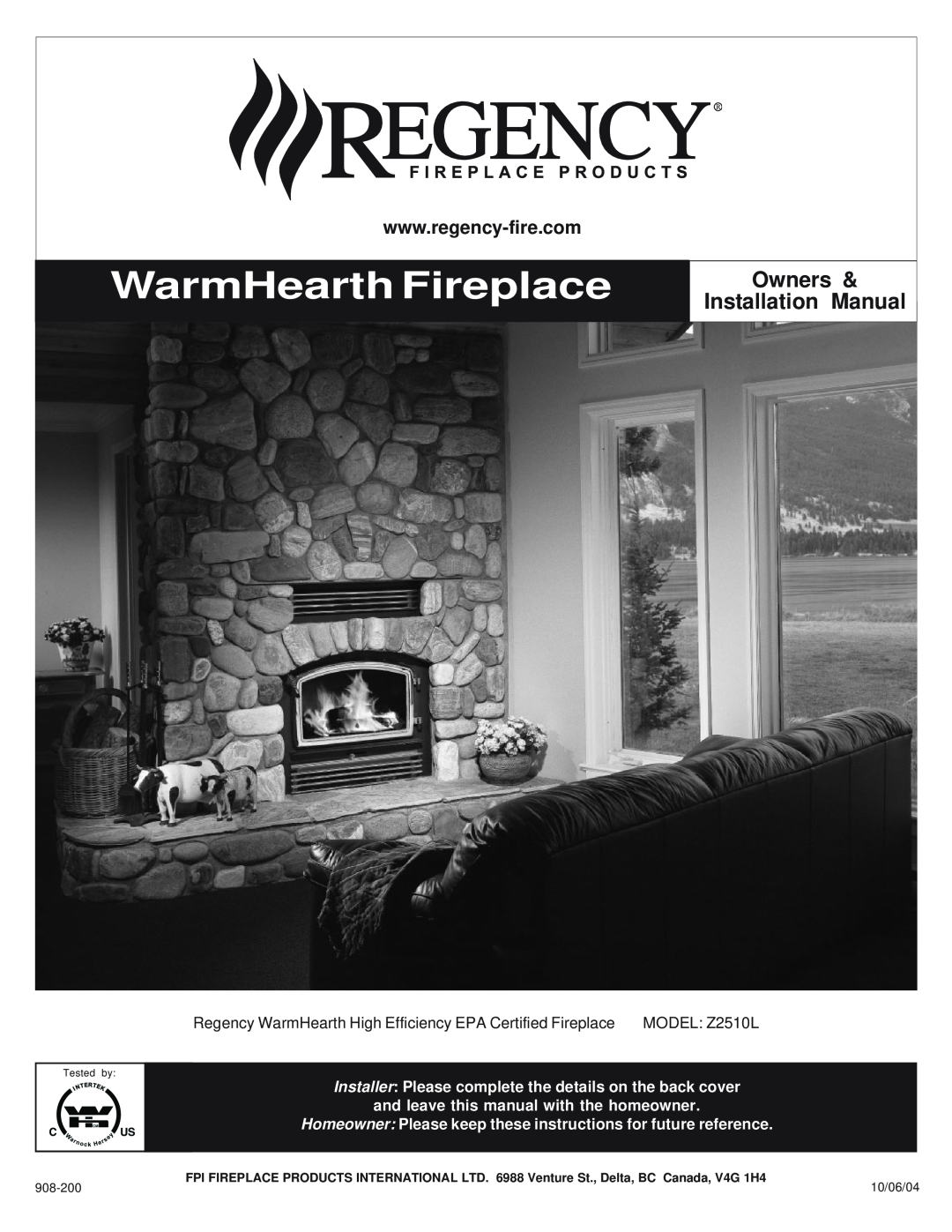 Regency Wraps Z2510L installation manual WarmHearth Fireplace, Owners, Installation Manual 
