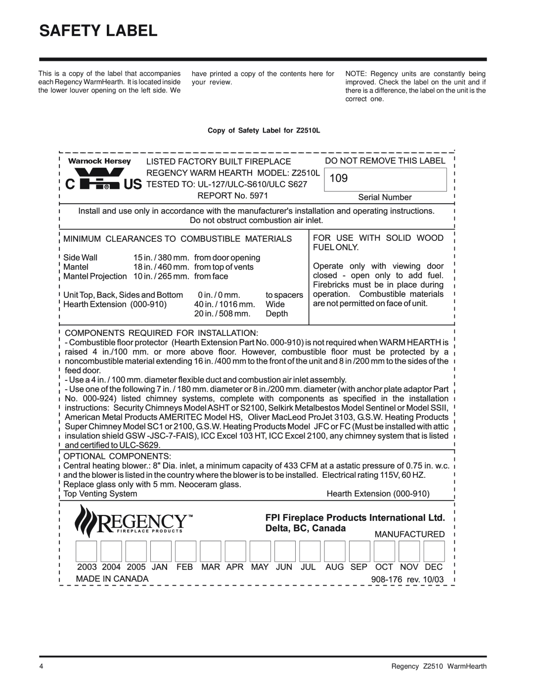 Regency Wraps installation manual Copy of Safety Label for Z2510L 