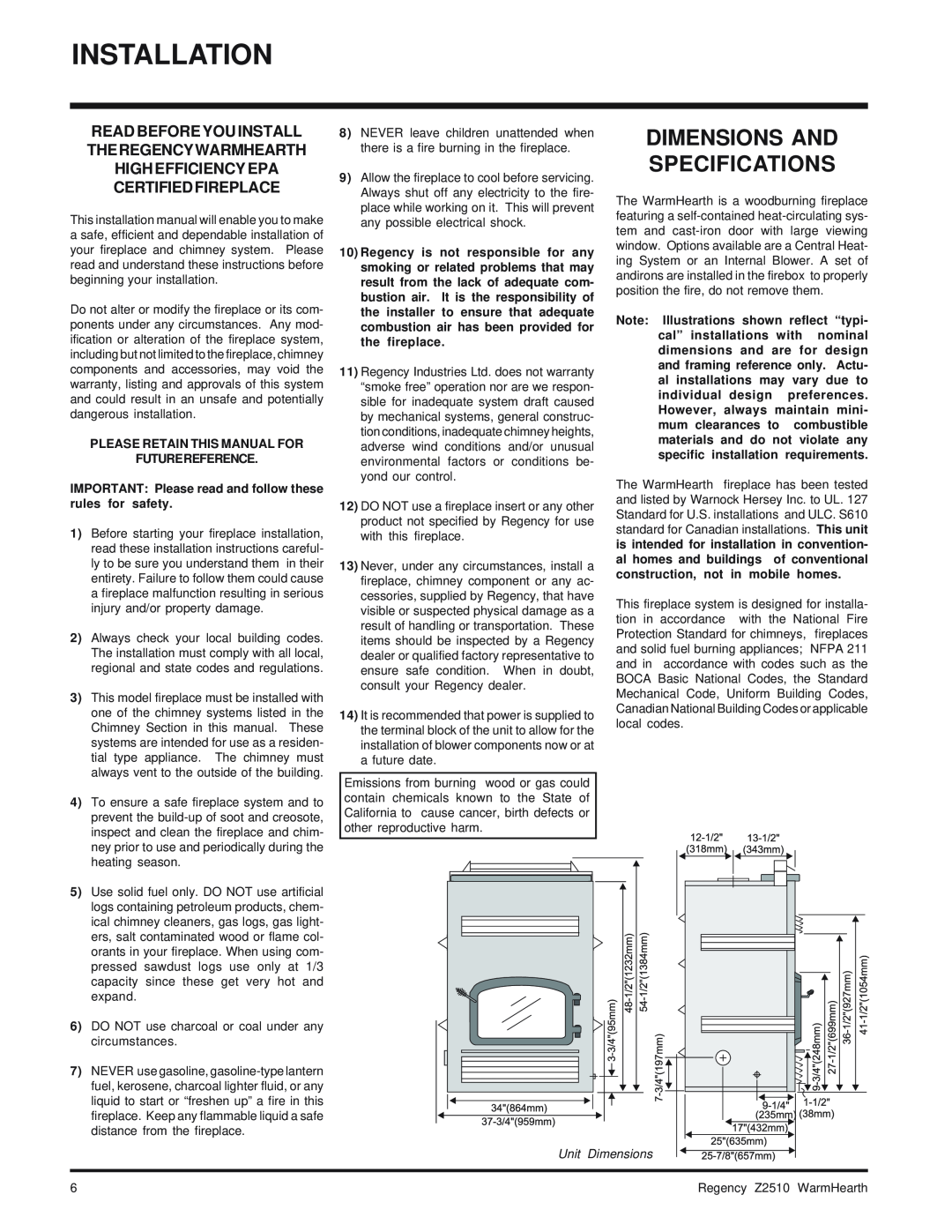 Regency Wraps Z2510L Installation, Dimensions And Specifications, Please Retain This Manual For Futurereference 