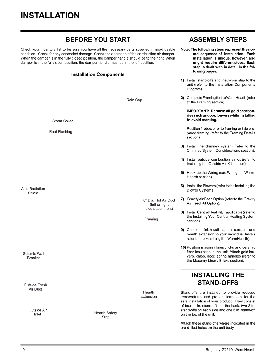 Regency Z2510L installation manual Before YOU Start, Installing STAND-OFFS, Installation Components 