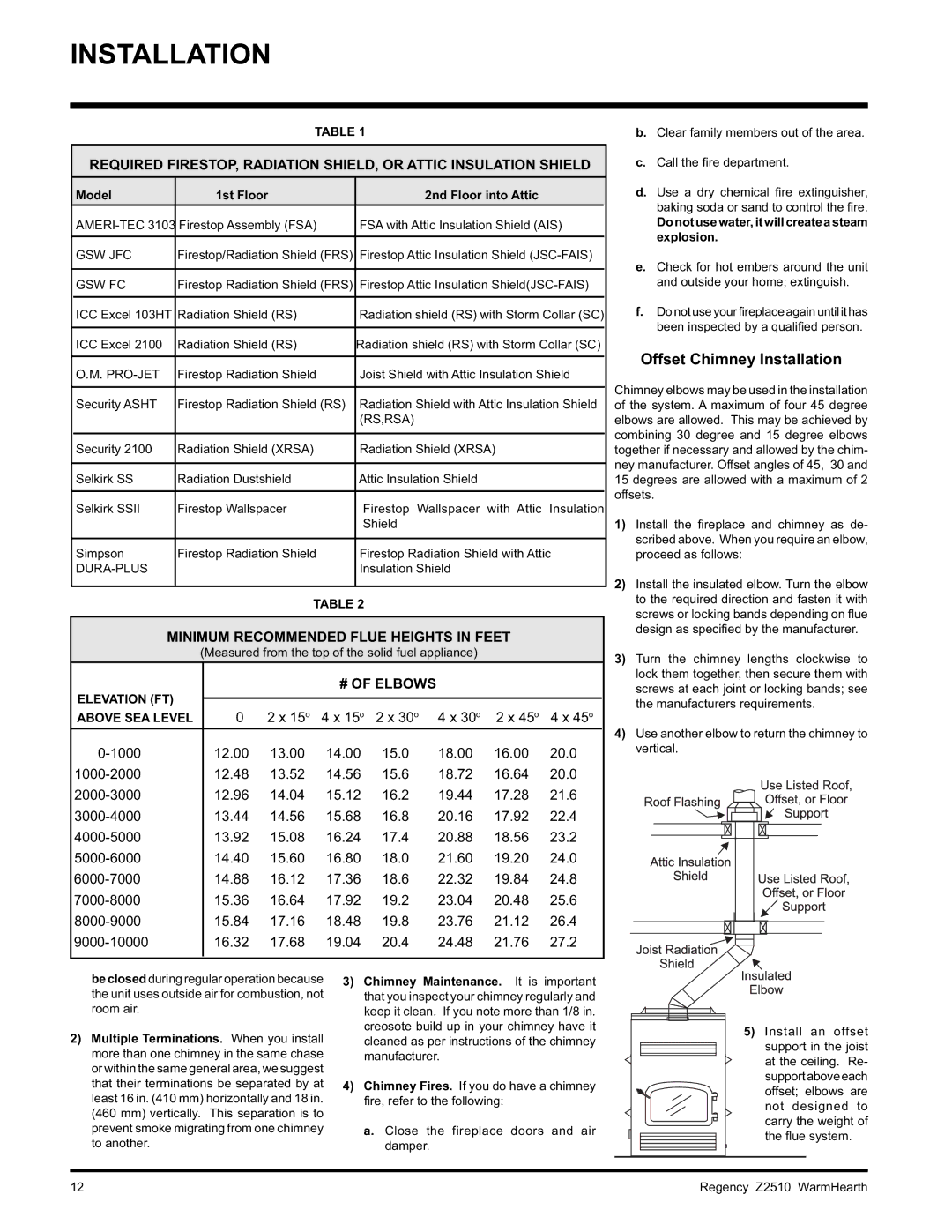 Regency Z2510L installation manual Offset Chimney Installation, Model 1st Floor 2nd Floor into Attic 