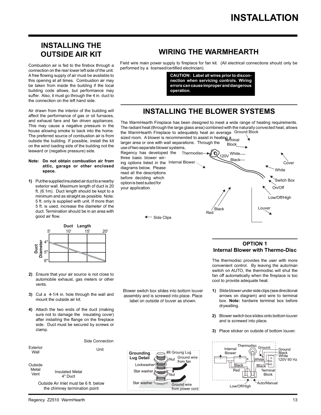 Regency Z2510L installation manual Outside AIR KIT, Installing the Blower Systems, Internal Blower with Thermo-Disc 