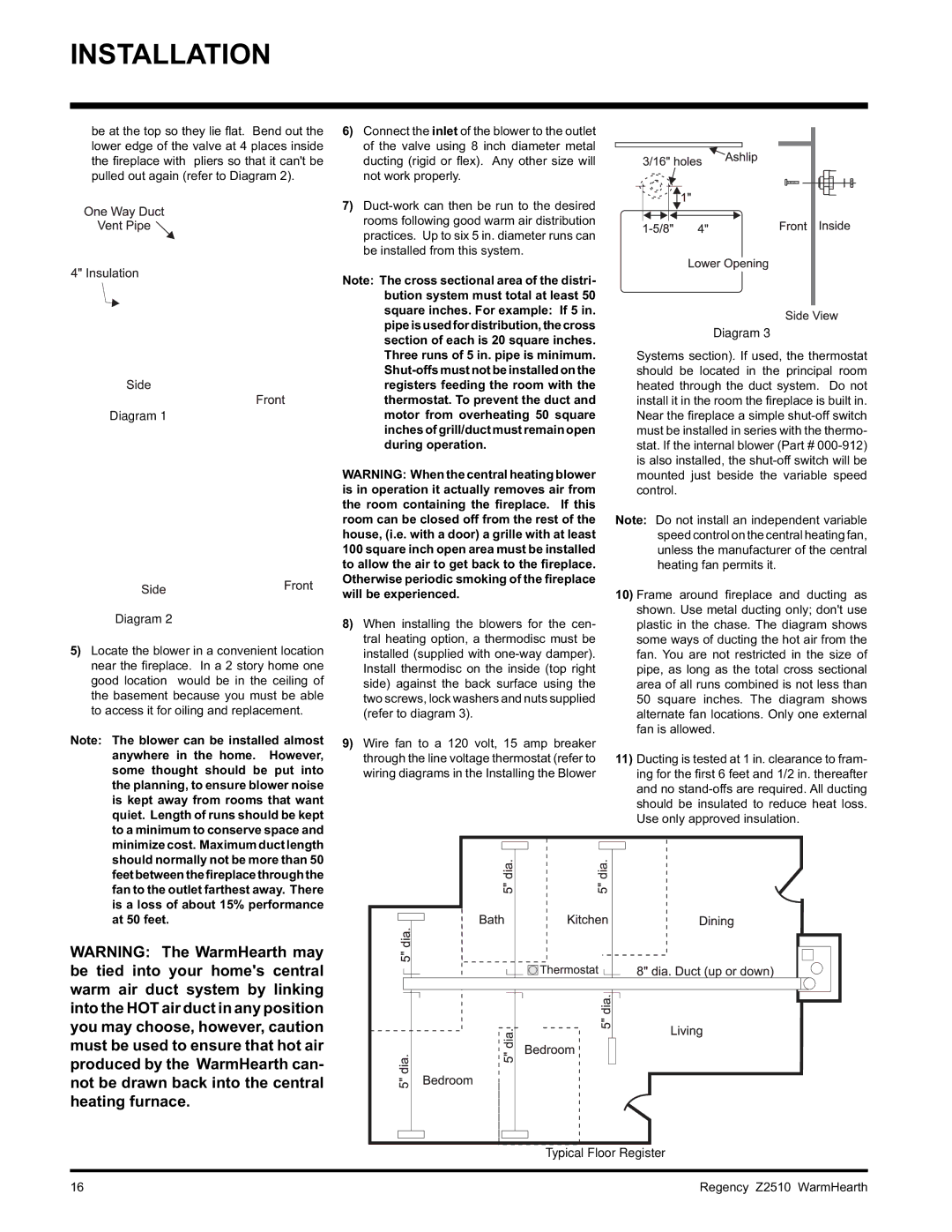 Regency Z2510L installation manual Typical Floor Register 