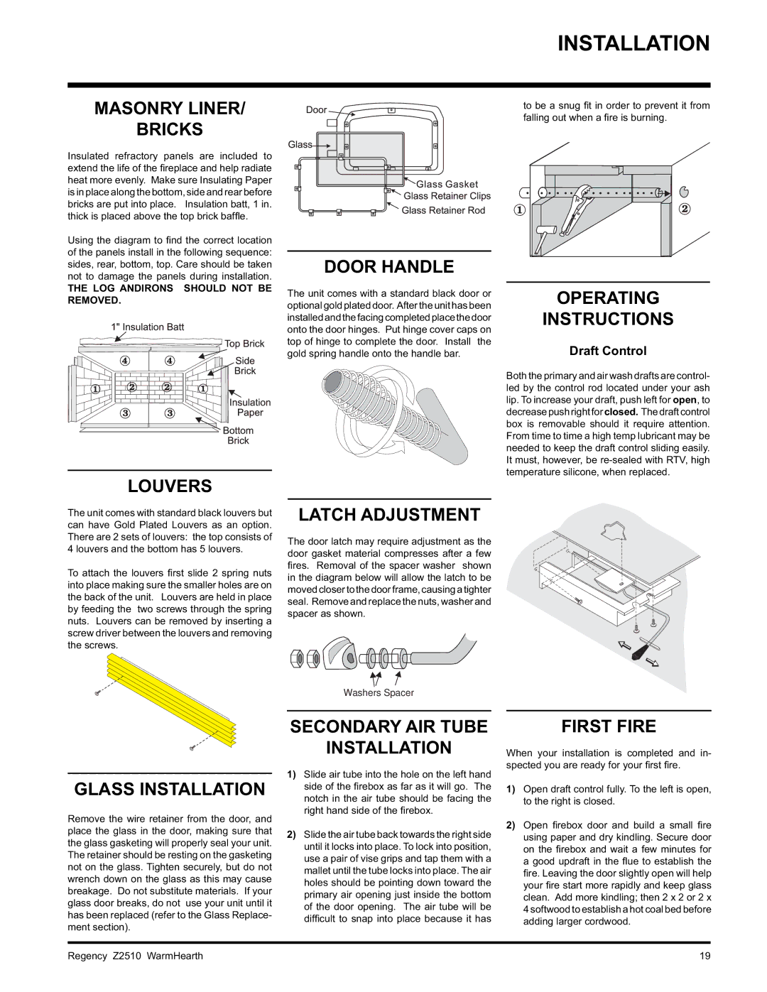 Regency Z2510L Masonry Liner Bricks, Louvers Door Handle, Operating Instructions, Latch Adjustment, Glass Installation 