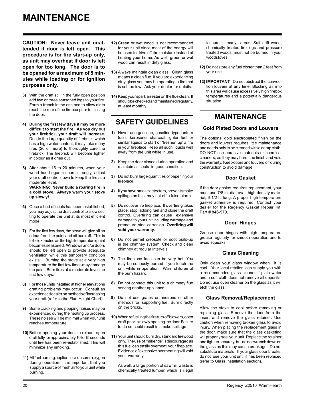 Regency Z2510L installation manual Maintenance, Safety Guidelines 