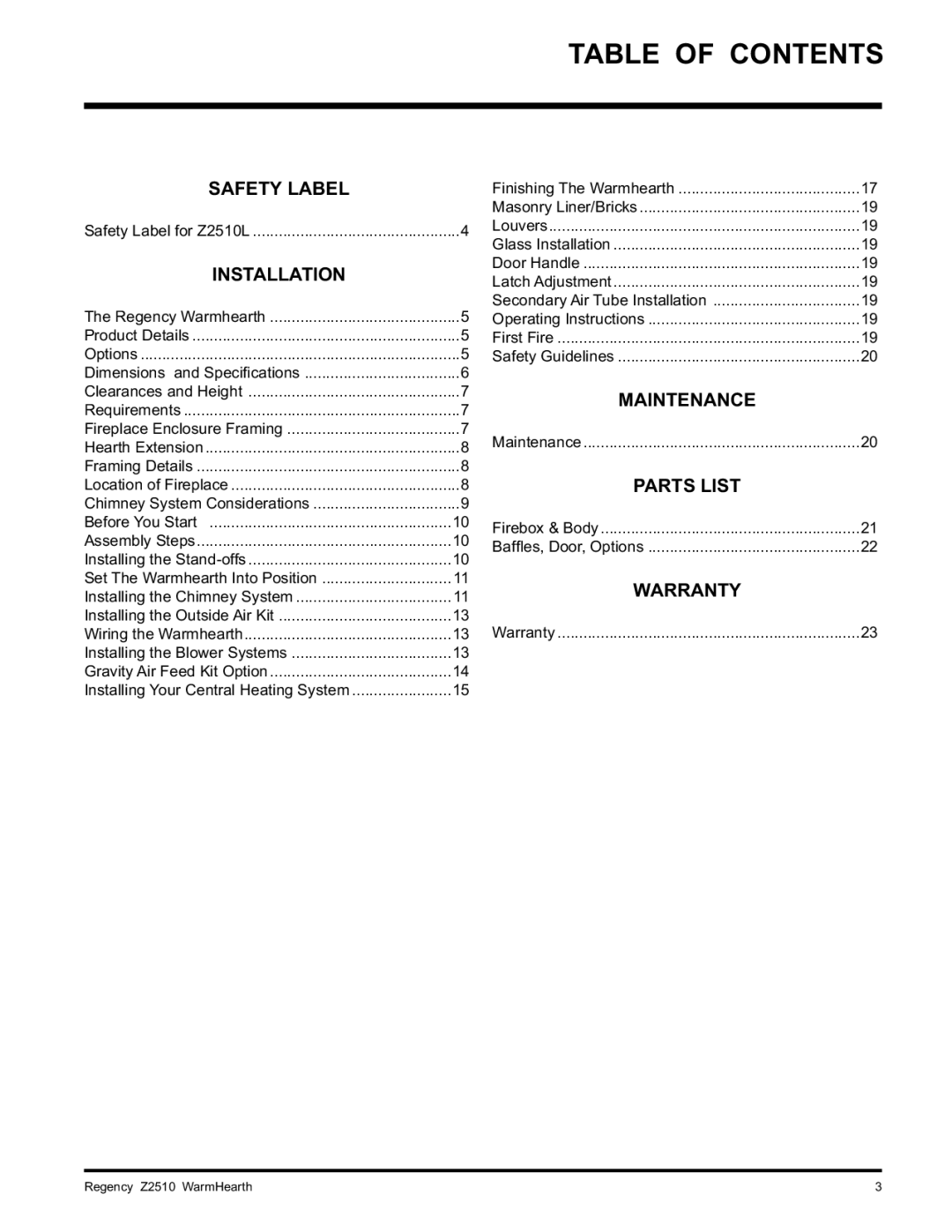 Regency Z2510L installation manual Table of Contents 