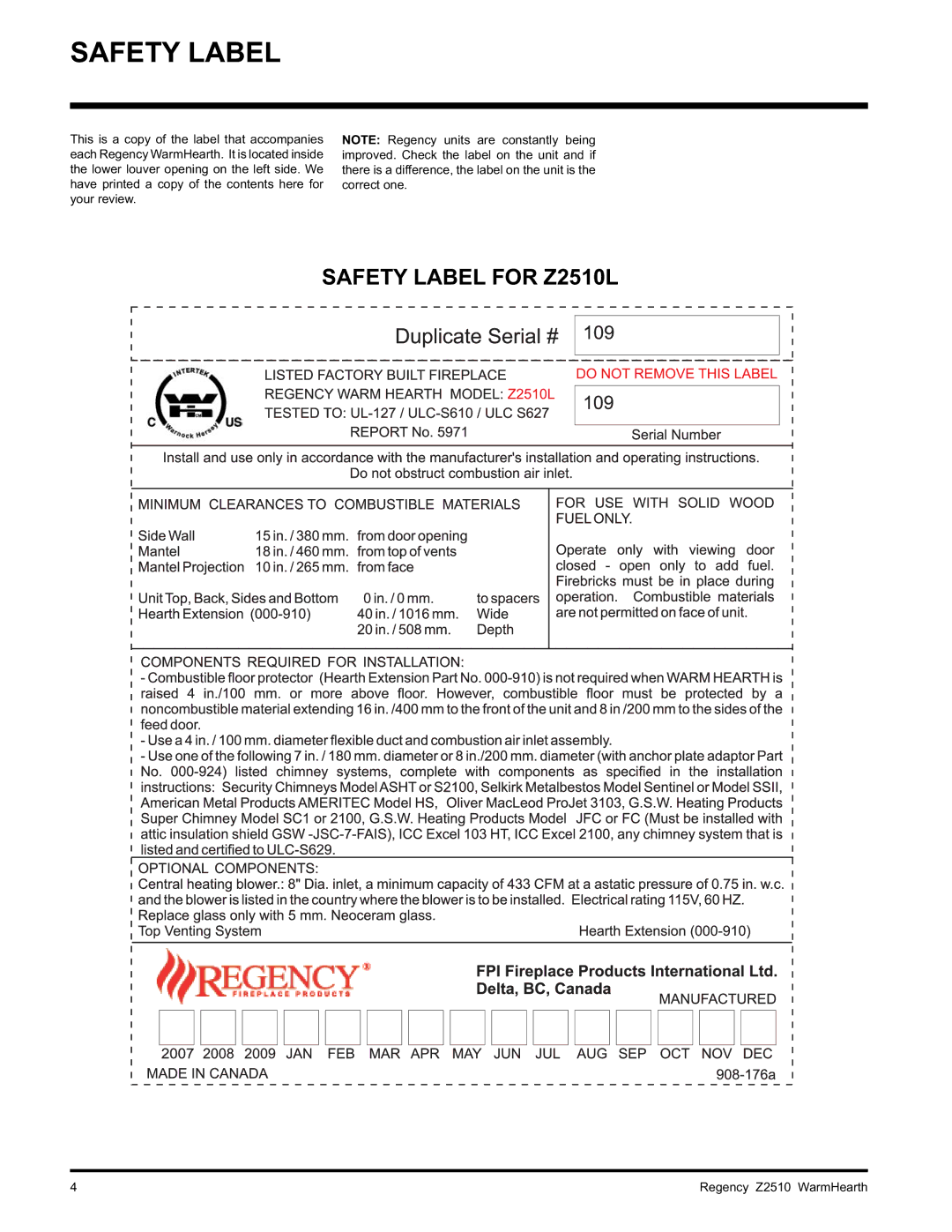 Regency installation manual Safety Label for Z2510L 