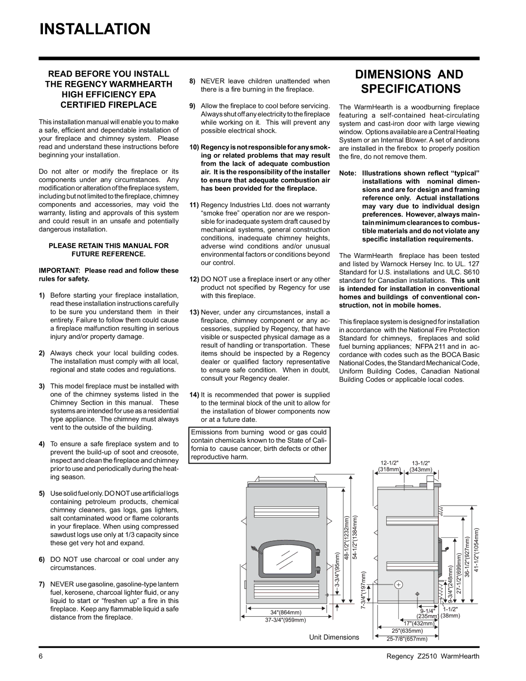 Regency Z2510L installation manual Dimensions and Specifications, Important Please read and follow these rules for safety 