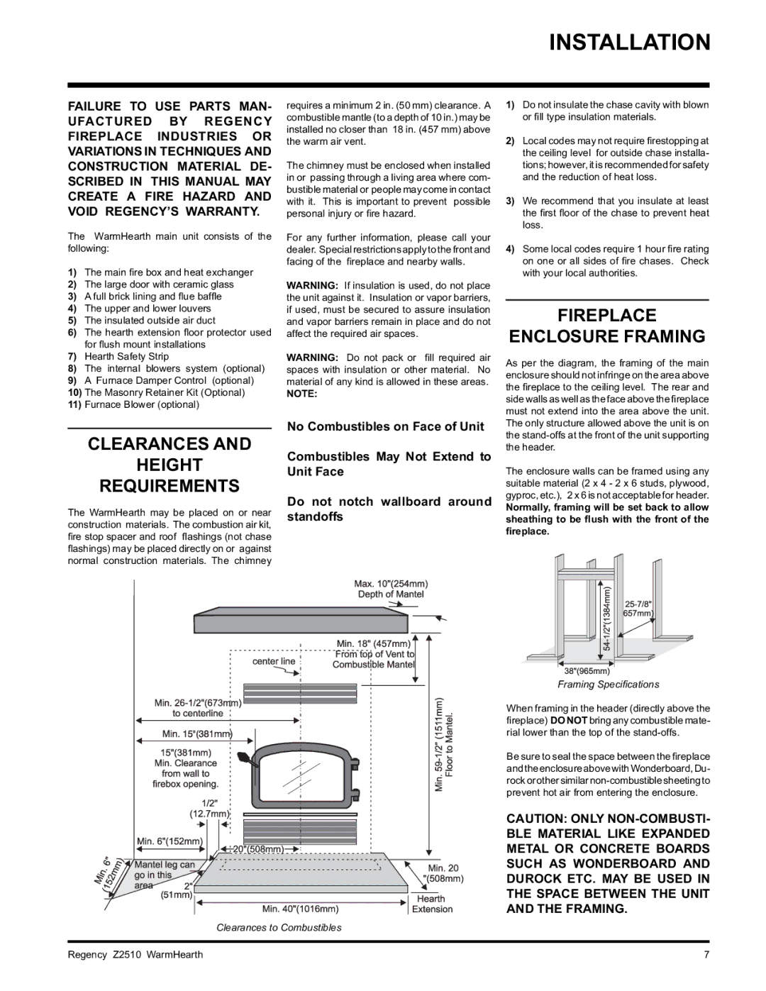 Regency Z2510L installation manual Fireplace Enclosure Framing, Clearances Height Requirements 