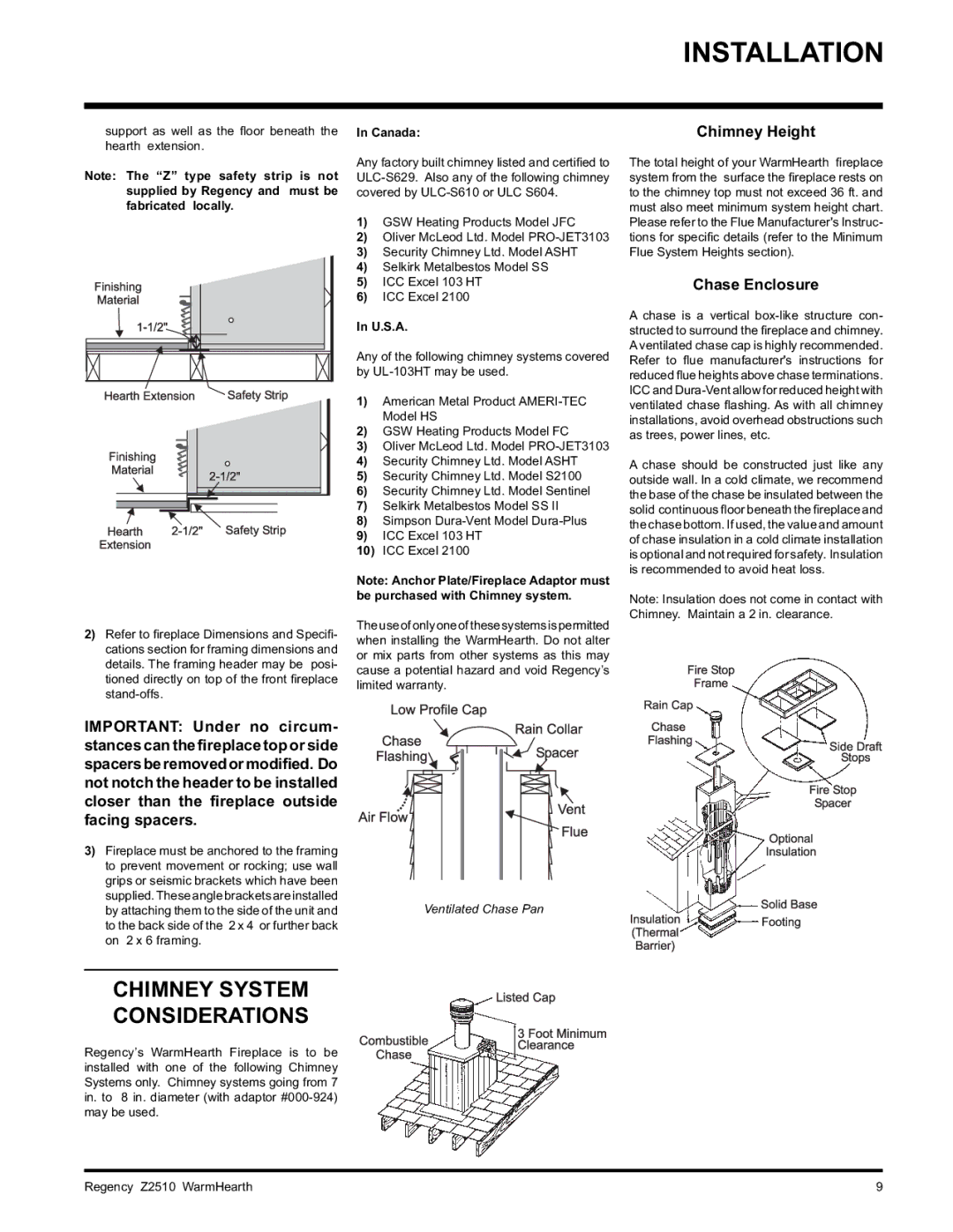 Regency Z2510L installation manual Chimney System Considerations, Chimney Height, Chase Enclosure, Canada, U.S.A 