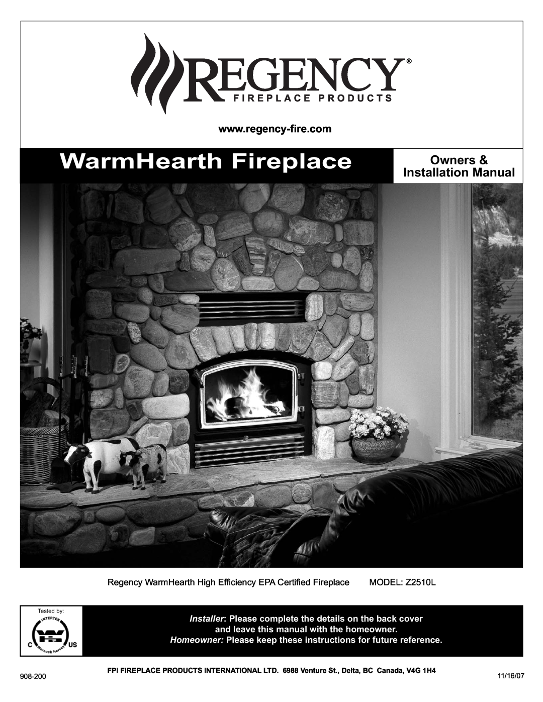 Regency Z2510L installation manual WarmHearth Fireplace, Owners, Installation Manual 