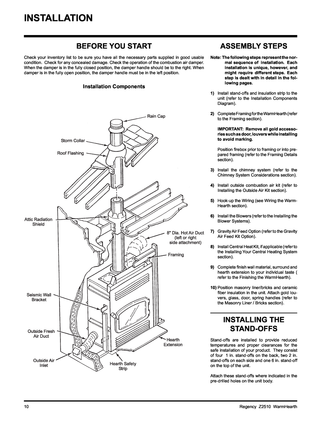 Regency Z2510L installation manual Before You Start, Installing The Stand-Offs, Assembly Steps, Installation Components 