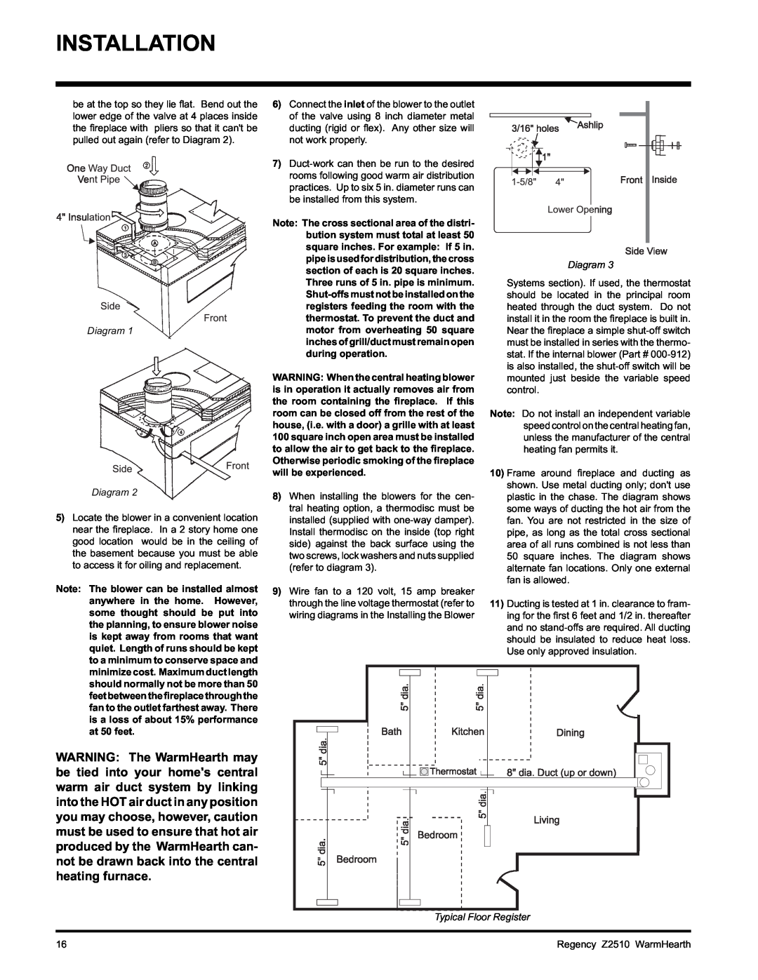 Regency Z2510L installation manual Installation, Diagram Diagram, Typical Floor Register, Regency Z2510 WarmHearth 
