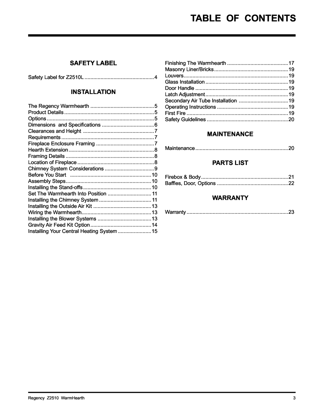 Regency Z2510L installation manual Table Of Contents, Safety Label, Installation, Maintenance, Parts List, Warranty 