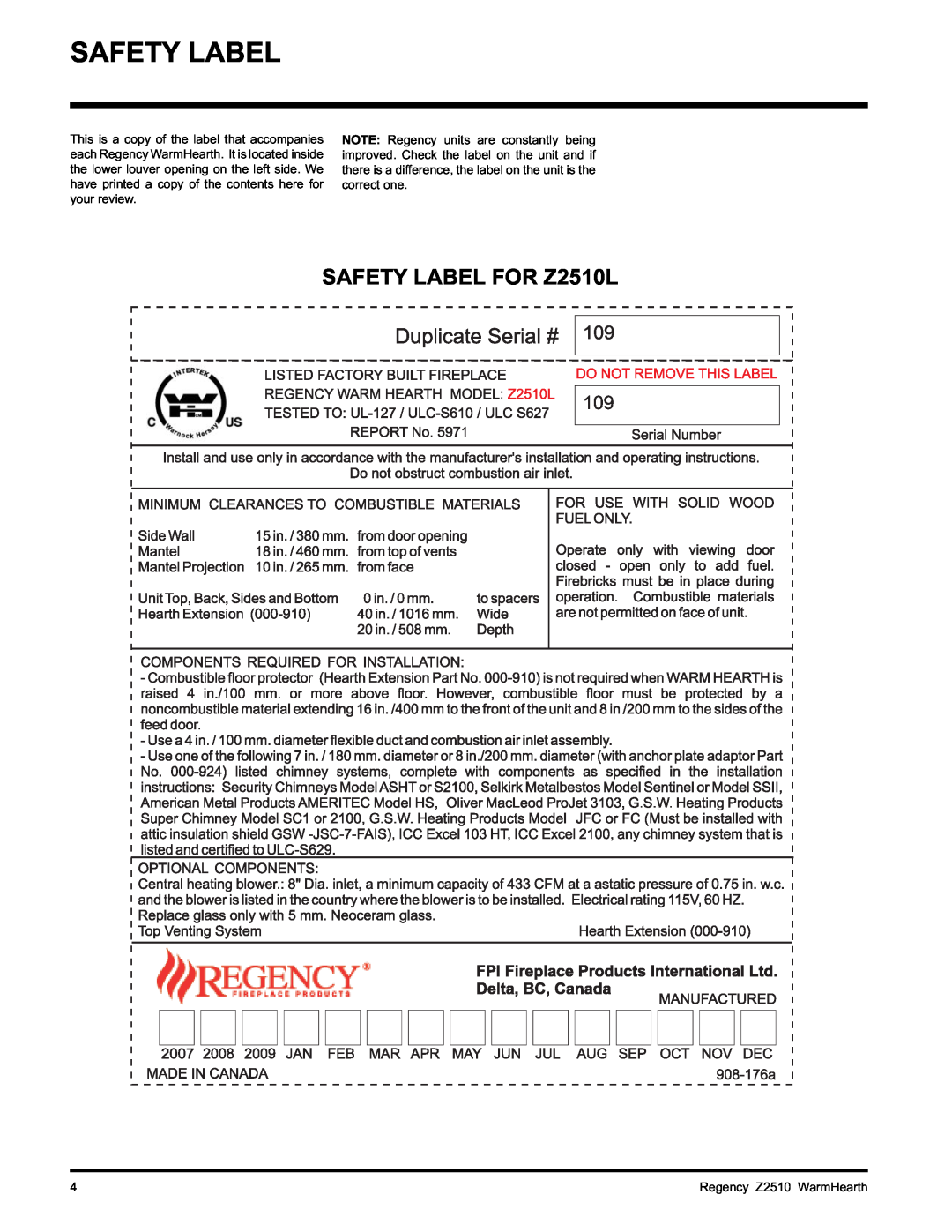 Regency installation manual Safety Label, SAFETY LABEL FOR Z2510L 
