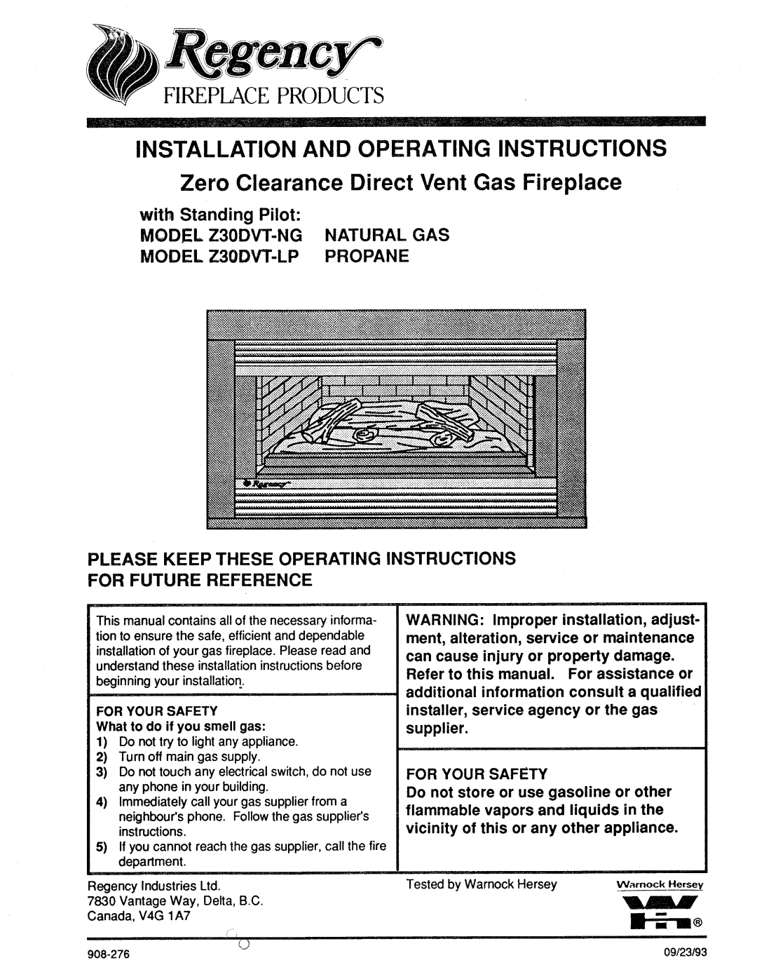 Regency Z30DVT-NG, Z30DVT-LP manual 