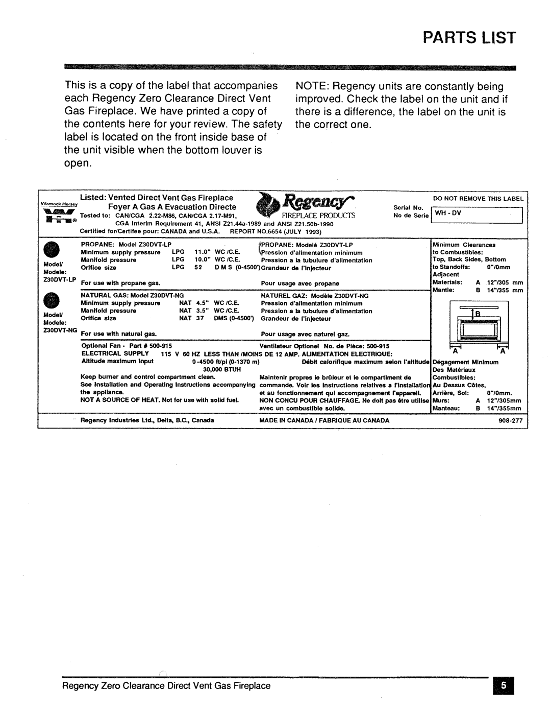 Regency Z30DVT-NG, Z30DVT-LP manual 