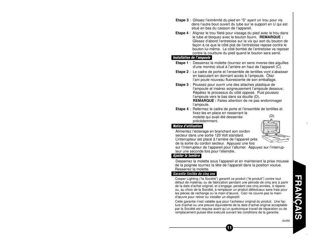 Regent Sheffield FCTWL65 manual Installation de l’ampoule, Ajuster la lumière, Garantie limitée de cinq ans 