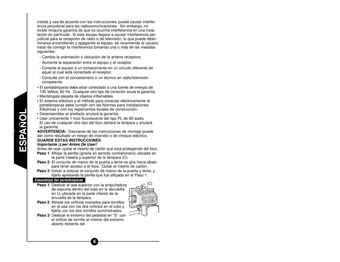 Regent Sheffield FCTWL65 manual Guarde Estas Instrucciones, Ensamblaje del portalámparas 