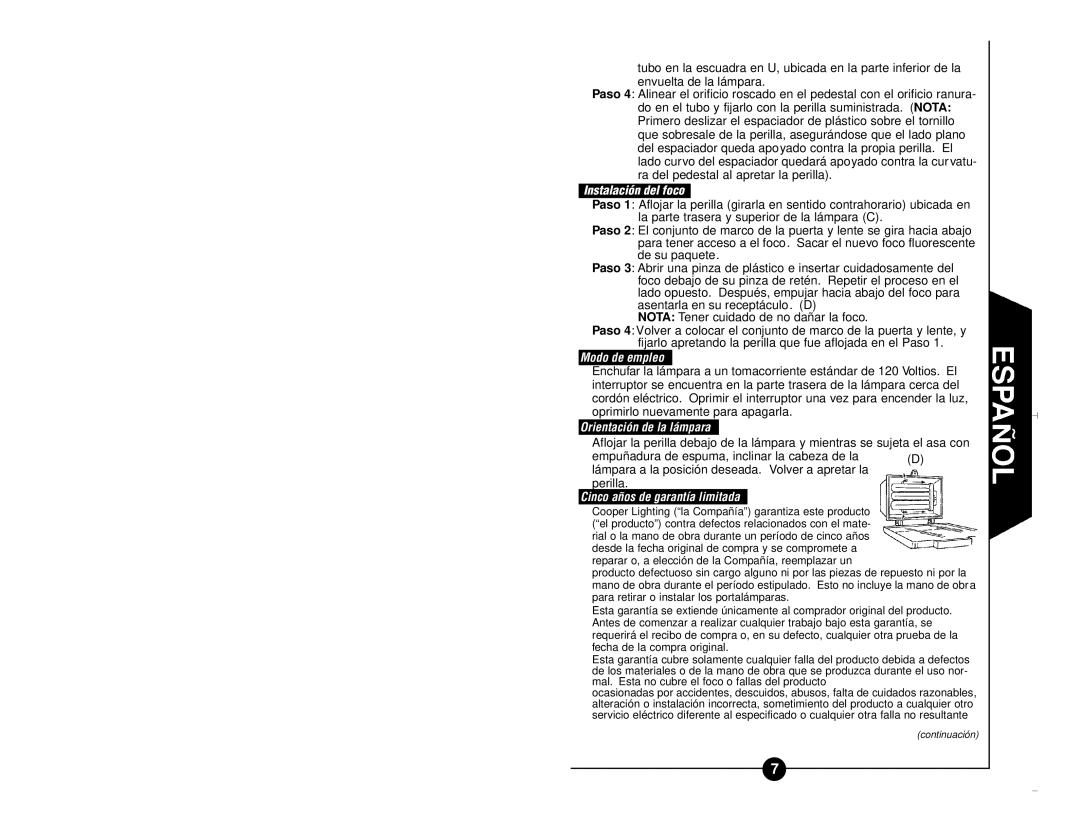 Regent Sheffield FCTWL65 Instalación del foco, Modo de empleo, Orientación de la lámpara, Cinco años de garantía limitada 