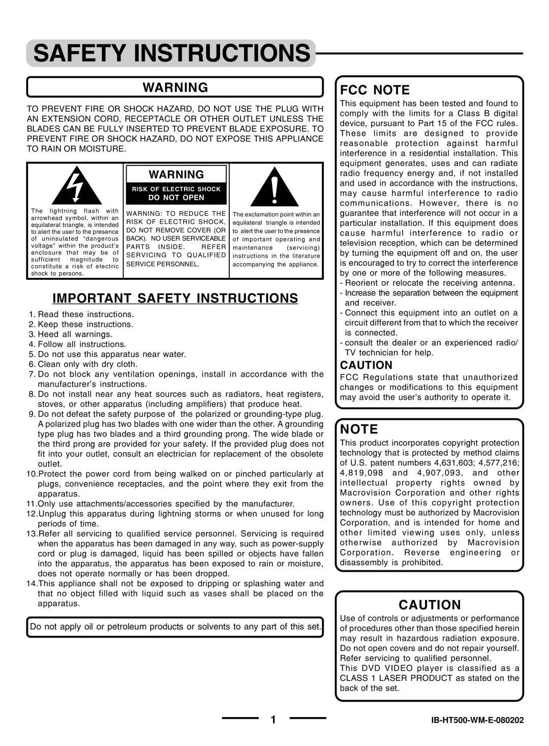 Regent Sheffield HT- 5OO manual Safety Instructions, FCC Note 