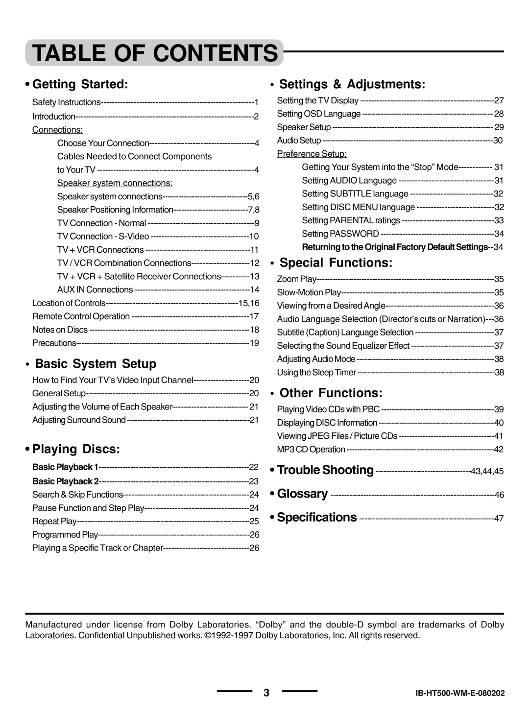 Regent Sheffield HT- 5OO manual Table of Contents 