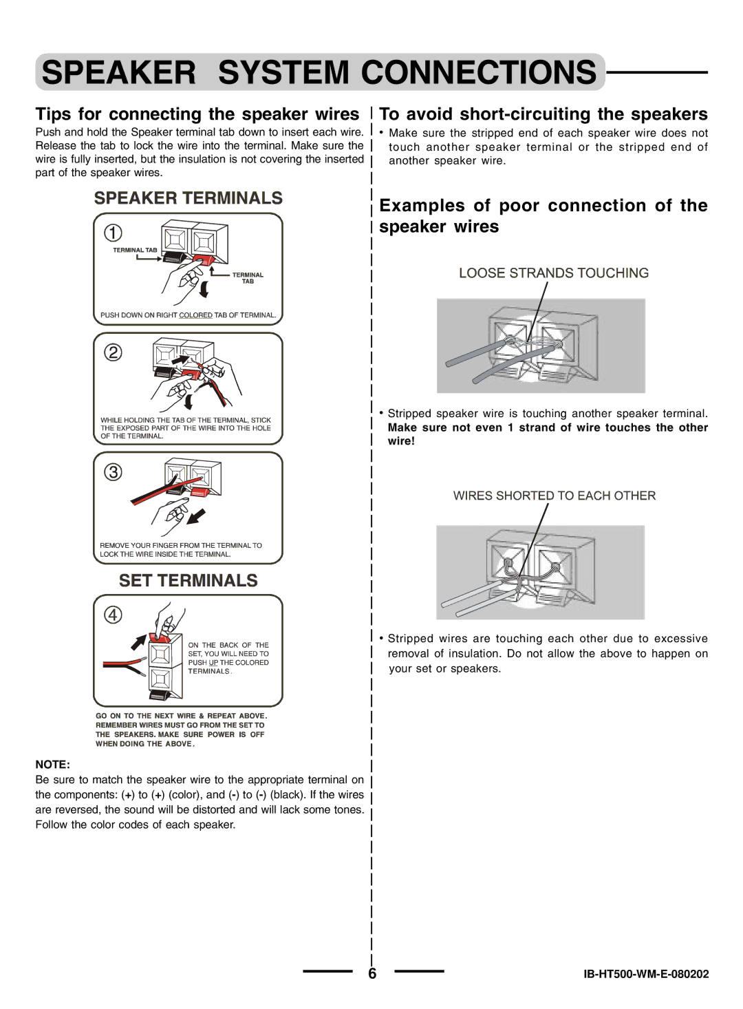 Regent Sheffield HT- 5OO manual Tips for connecting the speaker wires, To avoid short-circuiting the speakers 