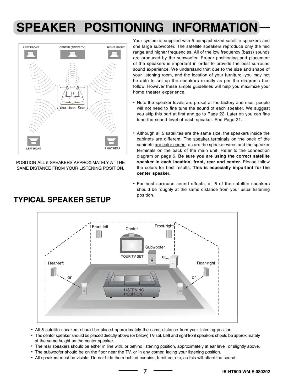 Regent Sheffield HT- 5OO manual Speaker Positioning Information, Typical Speaker Setup 