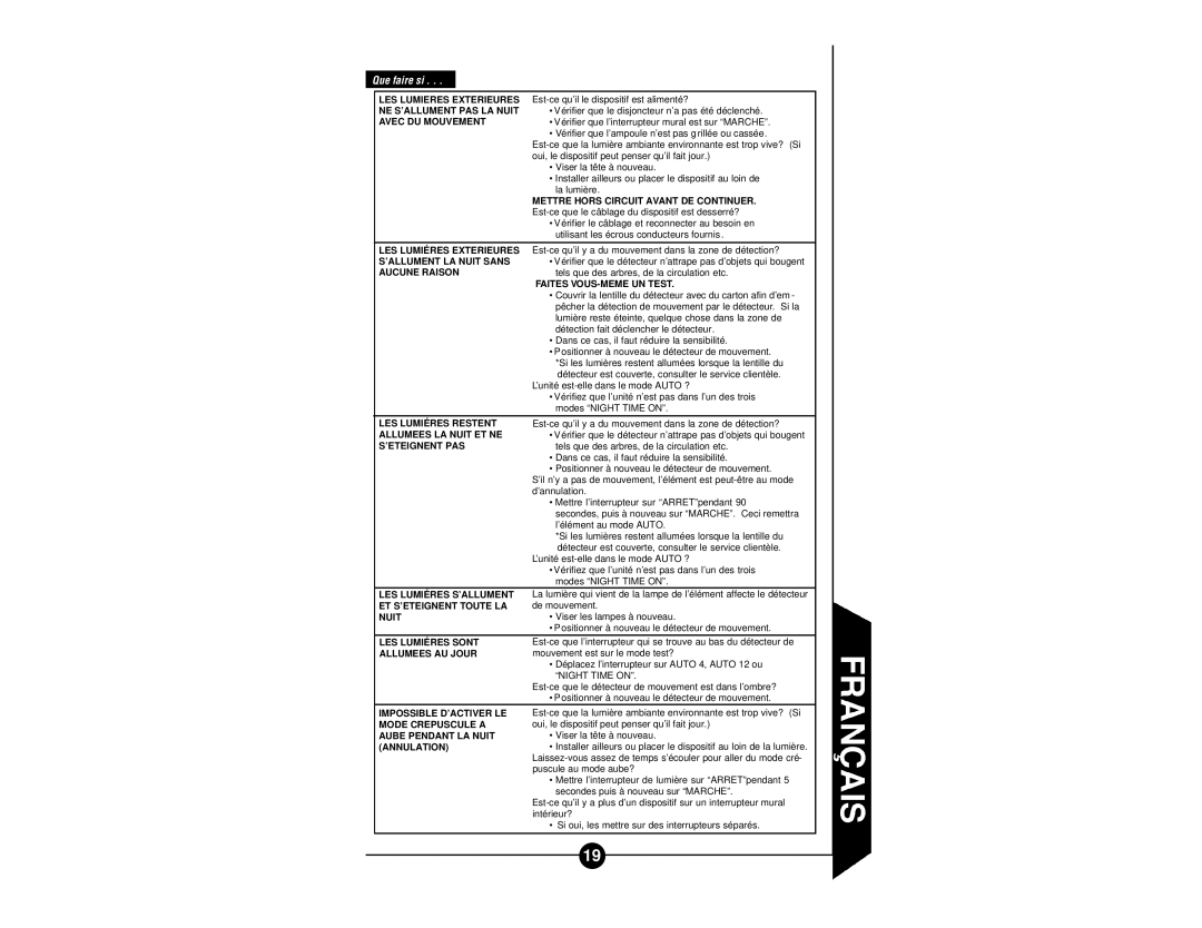 Regent Sheffield CMS240W Que faire si, Faites VOUS-MEME UN Test, LES Lumiéres S’ALLUMENT ET S’ETEIGNENT Toute LA Nuit 