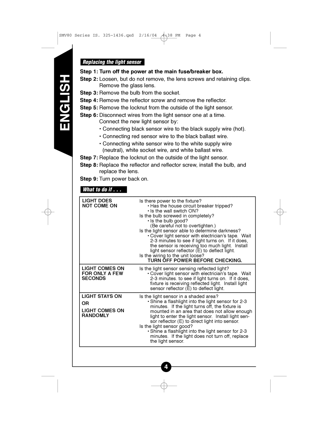 Regent Sheffield CSMV80W, SMV80W CSMV80 manual Replacing the light sensor, What to do if . . . What to do if 