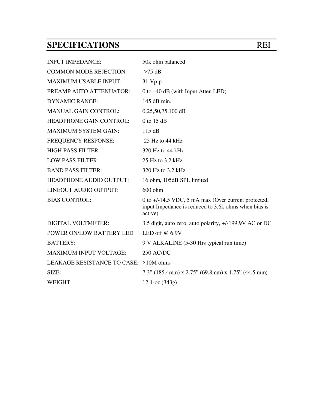 REI CMA-100 manual Specifications REI, Bias Control 