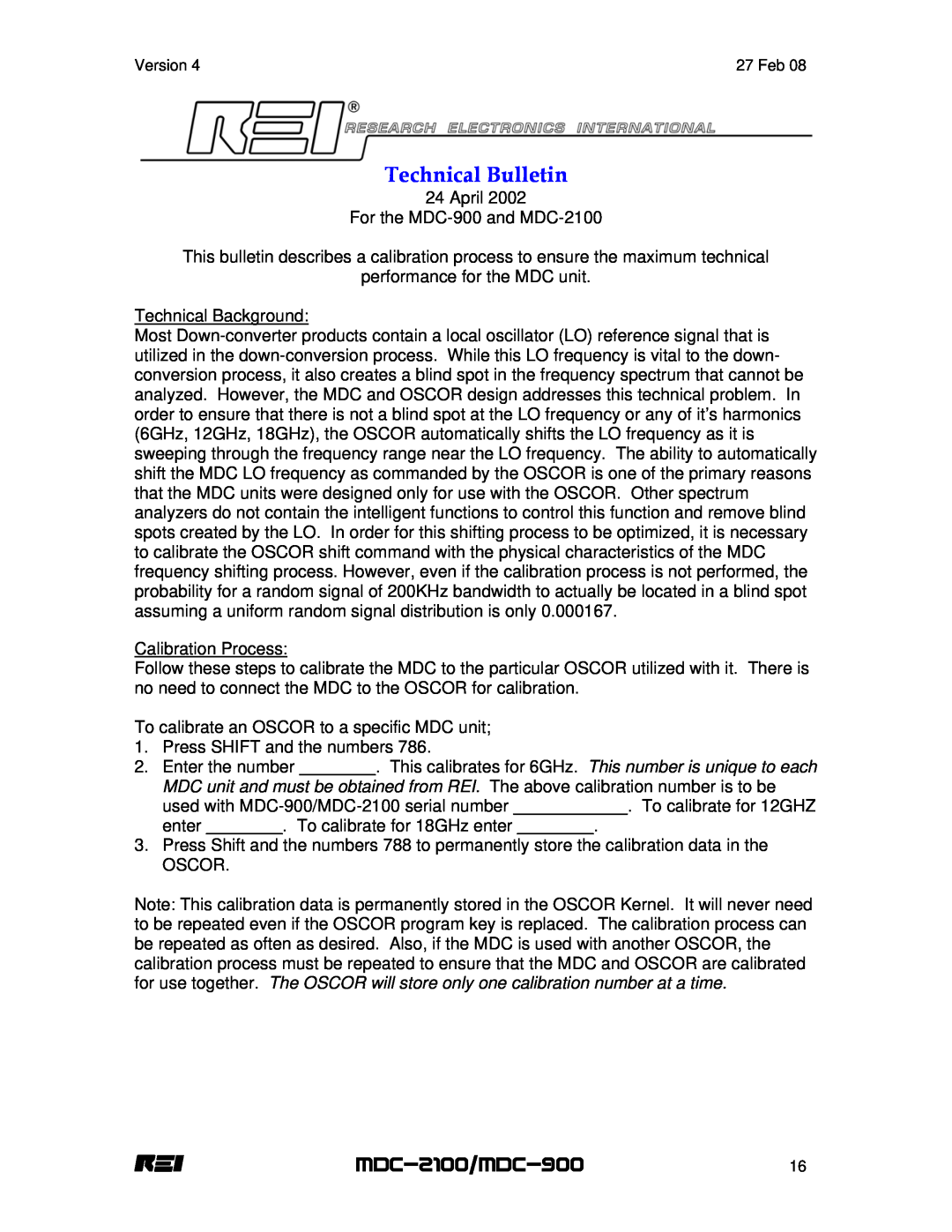 REI manual Technical Bulletin, MDC-2100/MDC-900 