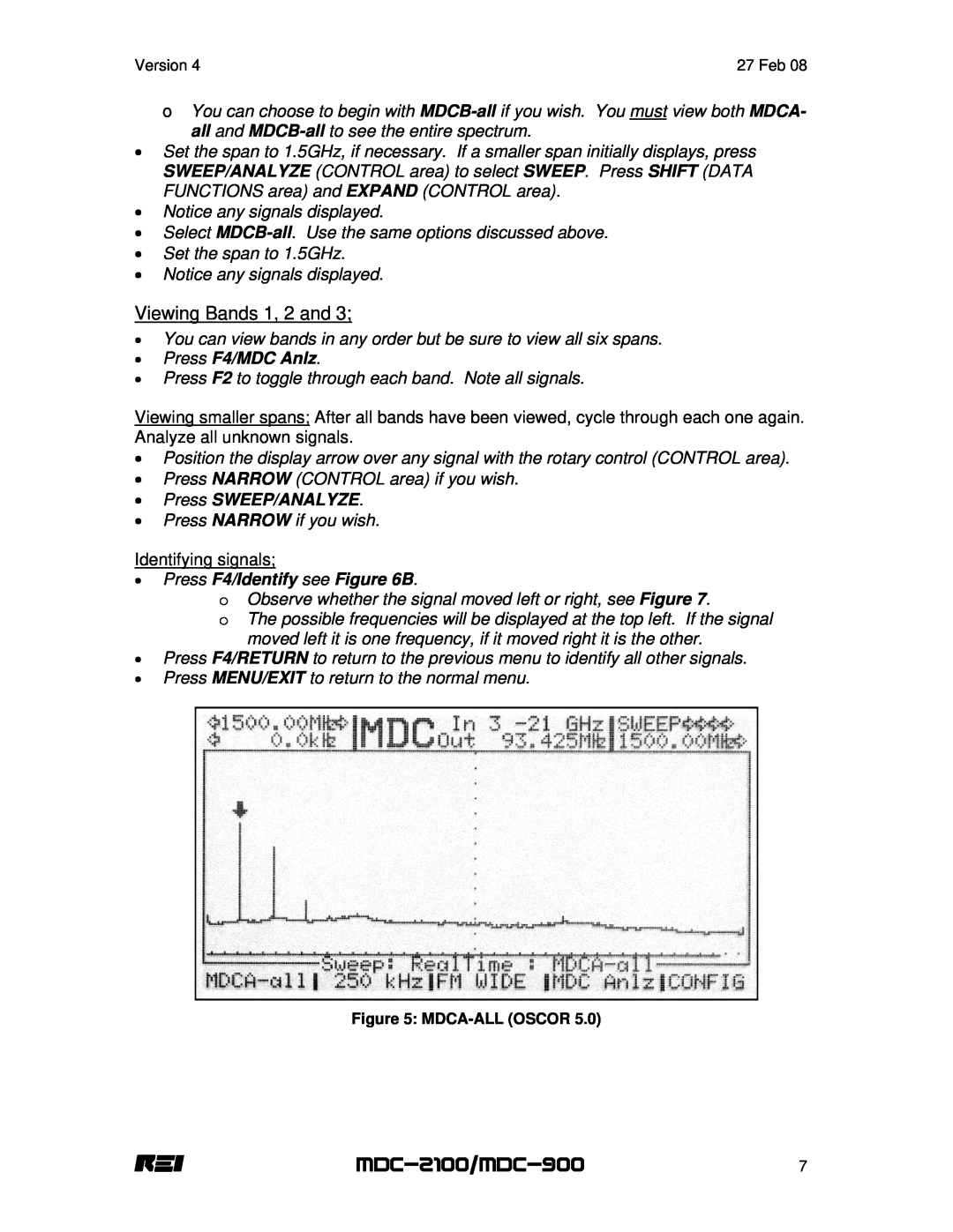 REI manual MDC-2100/MDC-900, Viewing Bands 1, 2 and, Press F4/MDC Anlz, Press SWEEP/ANALYZE, Press F4/Identify see B 