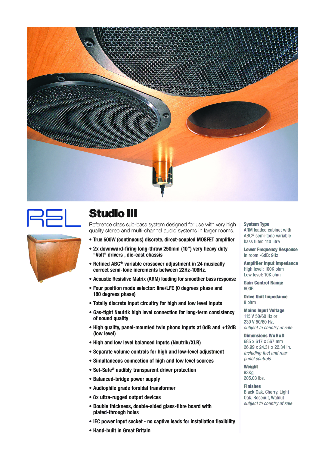 REL Acoustics Studio III, Stentor III dimensions Hand-built in Great Britain 